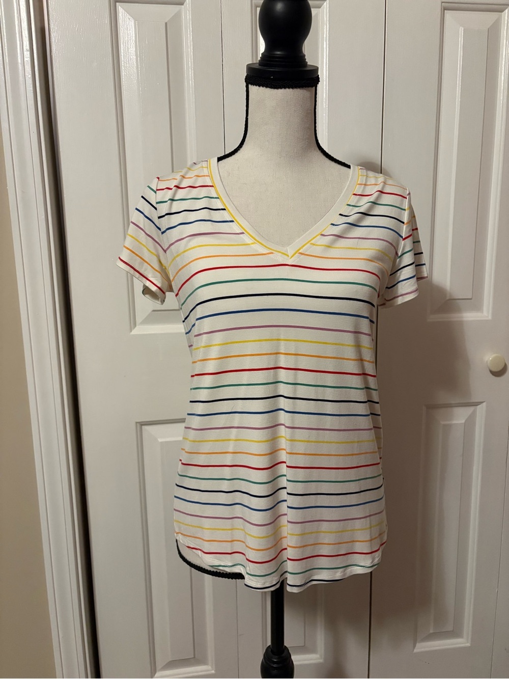 Sugarlips White V-Neck Short Sleeve Top with Multicolor Stripes